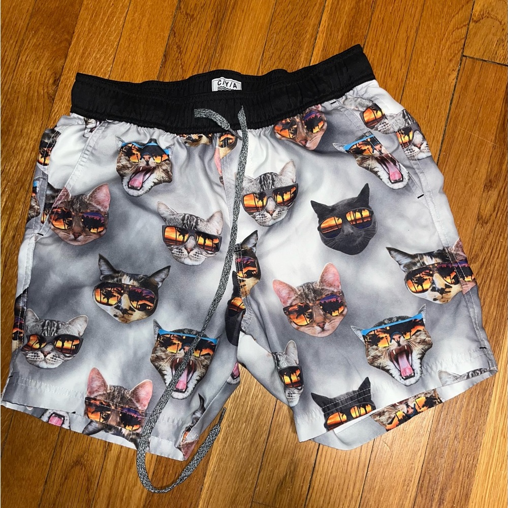 CYA gray bathing suit with cats and sunglasses.